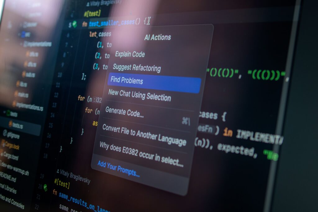 Code editor showing an AI actions menu with options to explain code, suggest refactoring and generate code