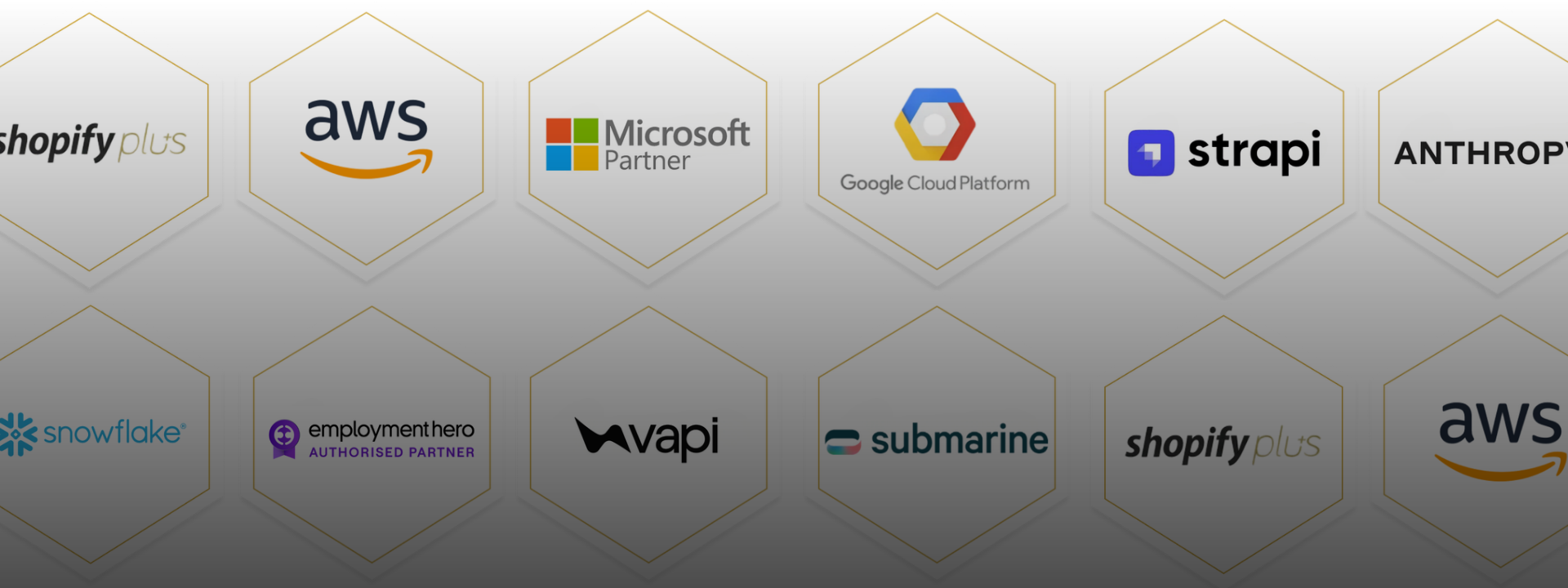Restive technology partner badges including Shopify Plus, AWS, Google Cloud, Microsoft, Strapi, Anthropic, Litecard, Databricks, Snowflake, Employment Hero, Vapi and Submarine